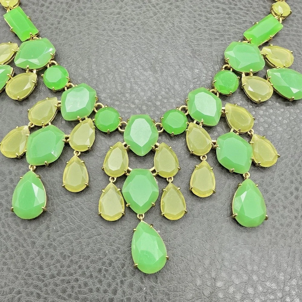 Stella & Dot Necklace Statement Bib Green Lime Teardrop Gold Tone Adjustable 18